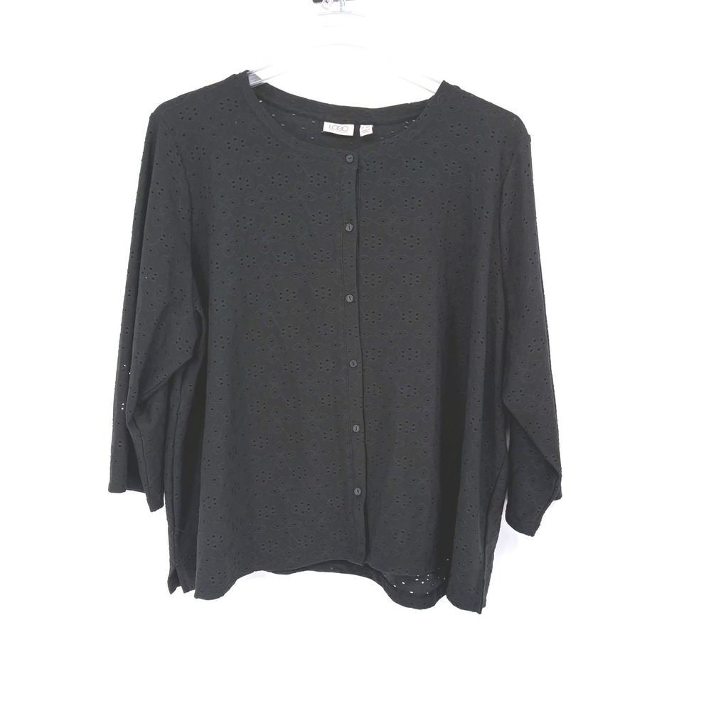 LOGO Lori Goldstein Cardigan Top 3X Black Eyelet Knit‎ Button Front Long Sleeve